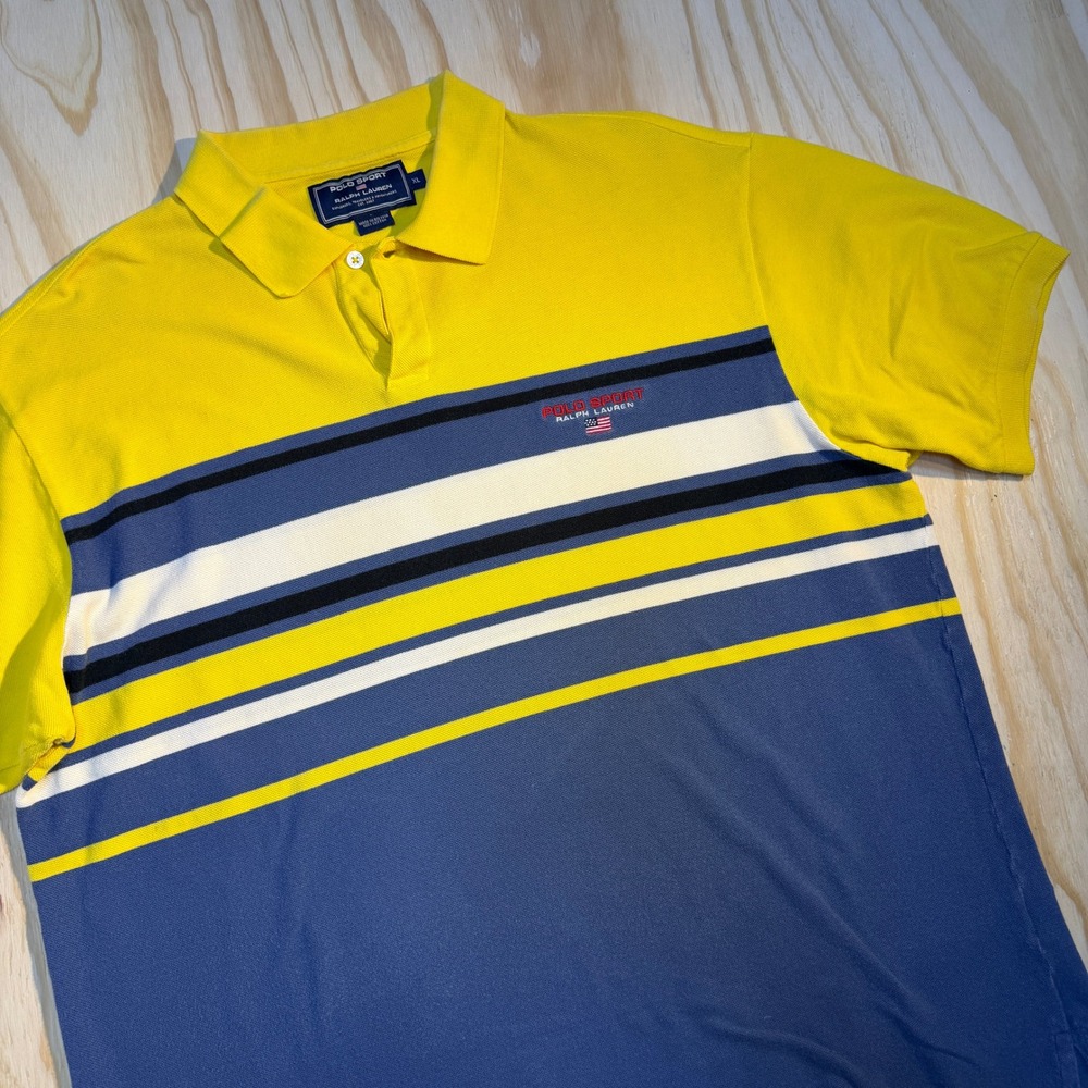 Polo Sport Ralph Lauren Mens XL Yellow Blue Striped Short Sleeve Polo Shirt